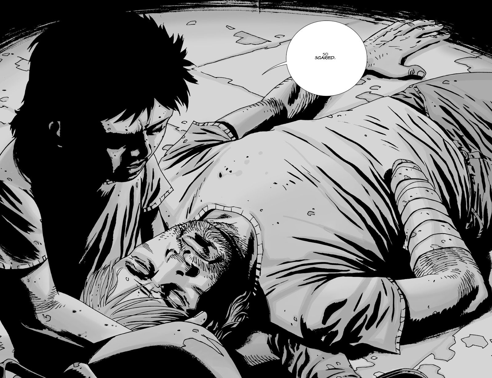 Rick and Carl Grimes As Rick lays unconscious, Carl cradles his head and says 'So Scared' in 'The Walking Dead' comics.