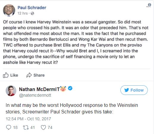 A tweet about Weinstein by paul schrader A tweet about Weinstein by paul schrader