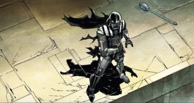 Vader standing triumphantly holding a lightsaber Vader standing triumphantly holding a lightsaber