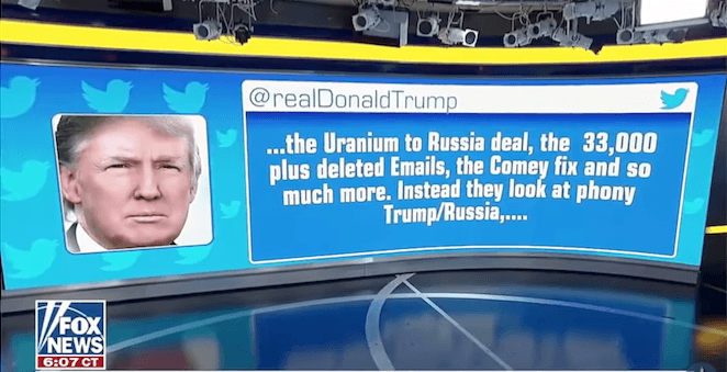 A Donald Trump tweet is shown on a screen