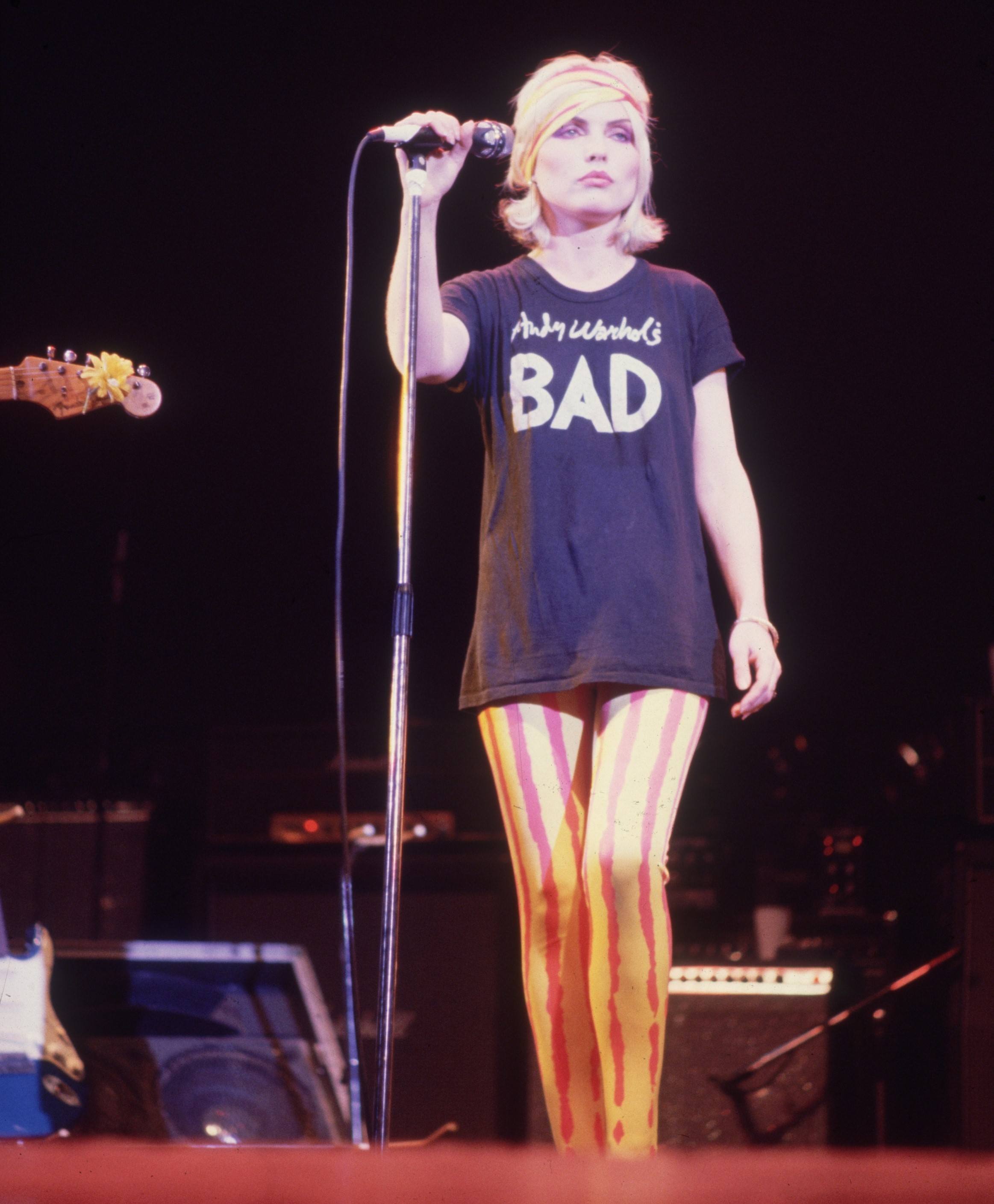 Debbie Harry, the American model and lead singer of the new wave band, Blondie, on stage.