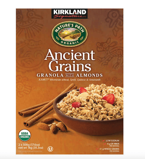 A box of Ancient Grains Granola with Almonds. A box of Ancient Grains Granola with Almonds.