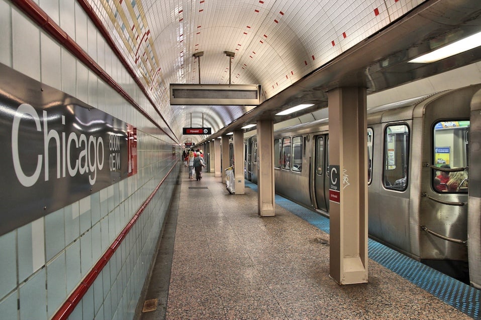 Chicago public transportation People exit underground station of Chicago's elevated train