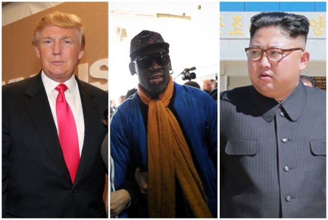 Collage featuring Donald Trump, Dennis Rodman and Kim Jong Un. Collage featuring Donald Trump, Dennis Rodman and Kim Jong Un.