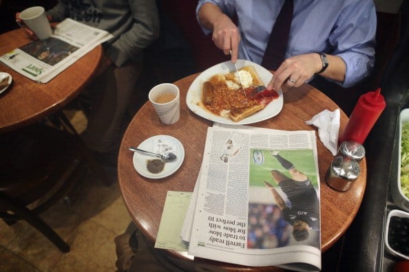 a table with toast and jam, coffee, and a newspaper in a cafe a table with toast and jam, coffee, and a newspaper in a cafe