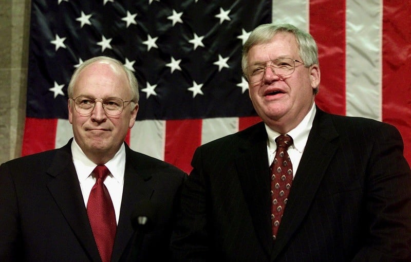 Vice President Dick Cheney(L) stands with Speaker of the House Dennis Hastert (R) prior to US President George W. Bush delivering his first address to a joint session of Congress 27 February 2001 on Capitol Hill, in Washington, DC.