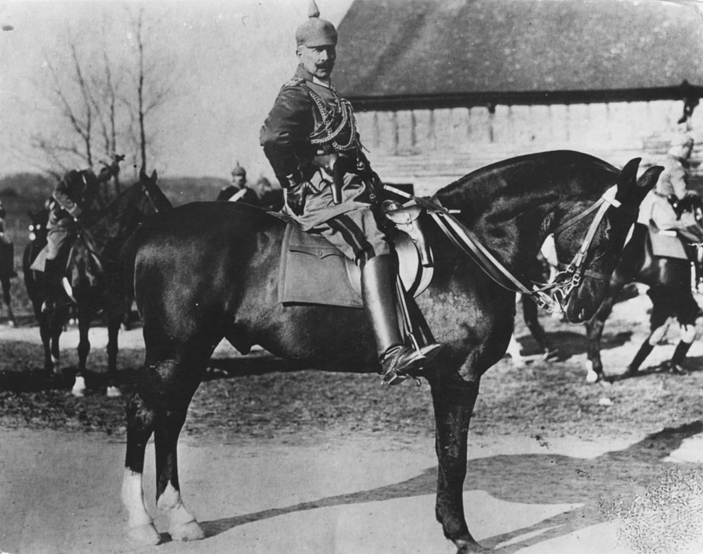 Kaiser Wilhelm II pictured on horseback, on the battlefield in Feldgrau General's uniform, Germany, circa 1900.