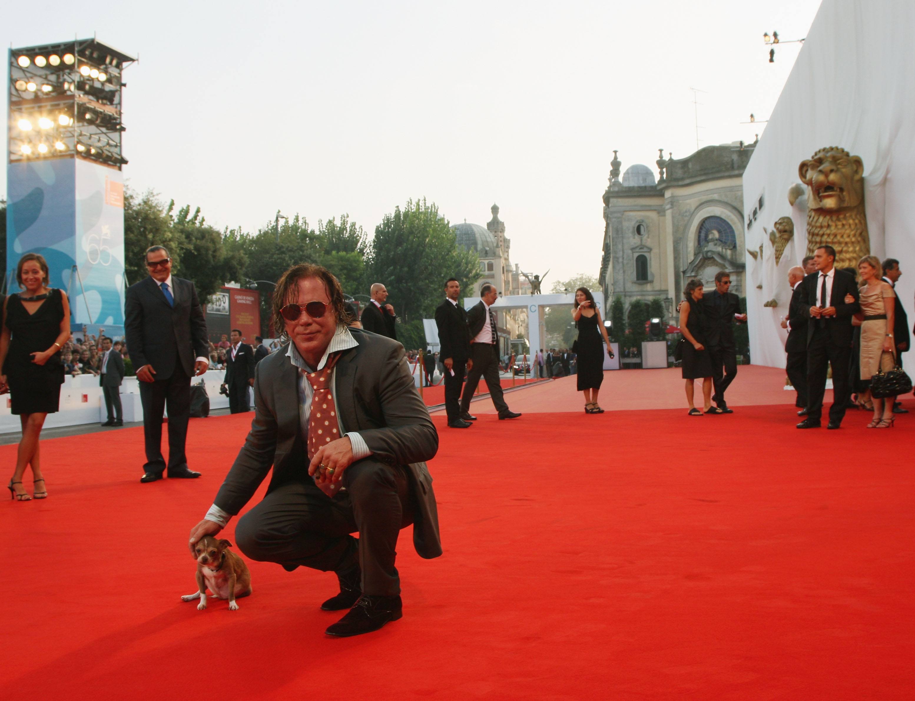 Actor Mickey Rourke and dog Loki attend the 65th Venice Film Festival Closing Ceremony at the at the Sala Grande on September 6, 2008 in Venice, Italy.