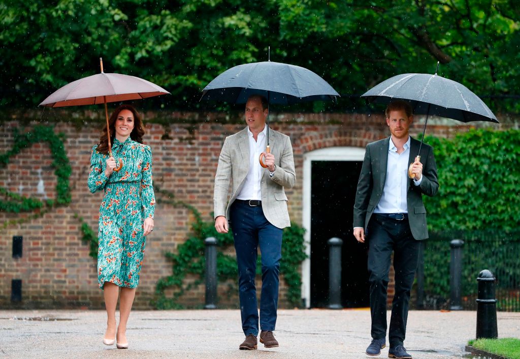 kate middleton, prince william and prince harry beneath umbrellas at kensington gardens
