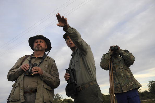 3 hunters survey the land in khaki vests 3 hunters survey the land in khaki vests