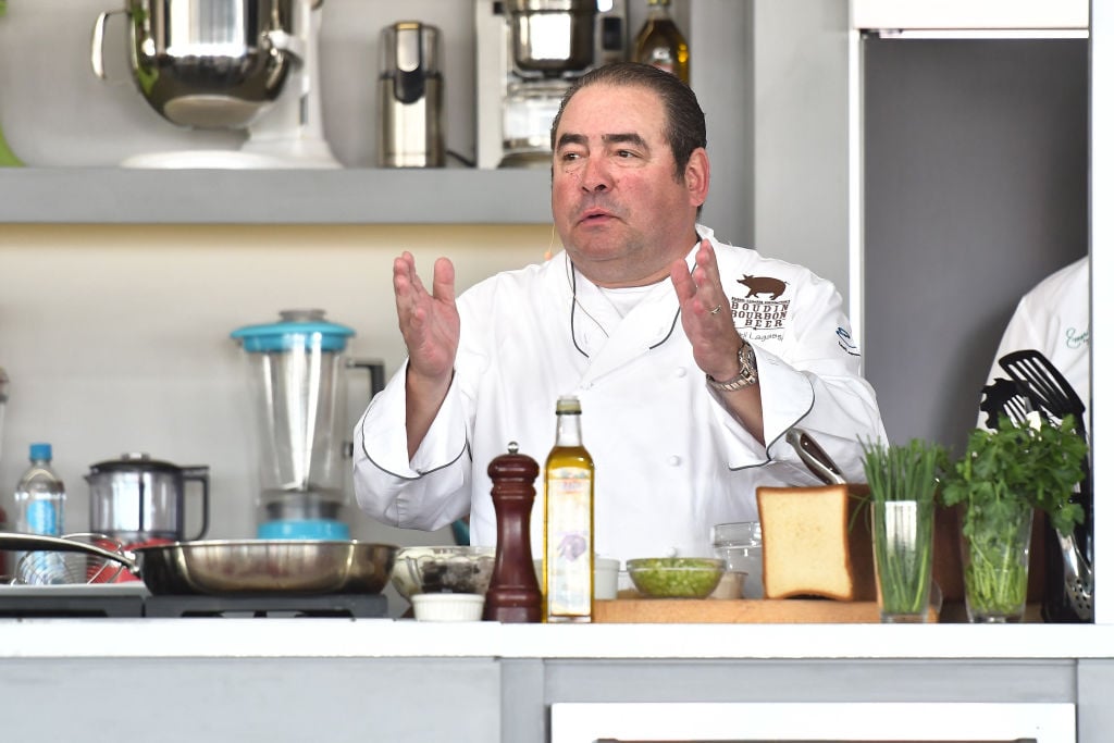 Emeril Lagasse gives a cooking demo on stage at Goya Foods' Grand Tasting Village