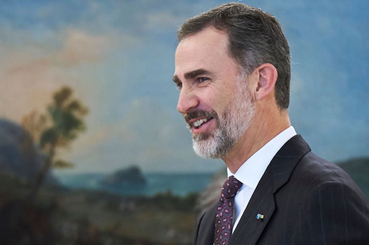 King Felipe Of Spain smiles while standing in front of a painting. King Felipe Of Spain smiles while standing in front of a painting.