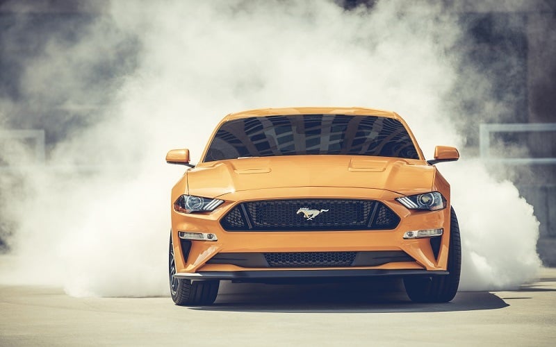 Front view of 2018 Mustang in Orange Fury with Performance Pack