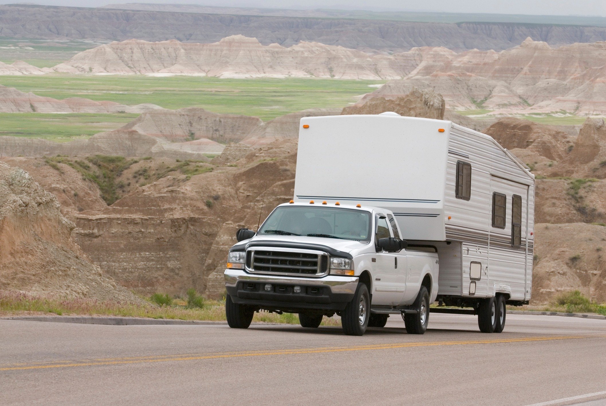 RV trailer in the badlands
