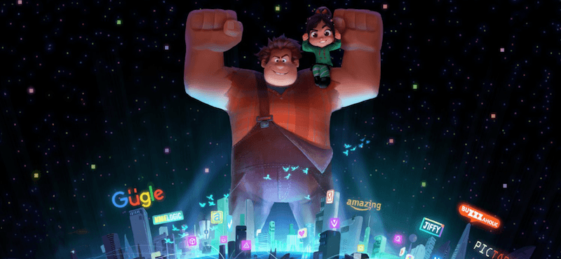 Ralph holds up with muscles while standing in front of the city. Ralph holds up with muscles while standing in front of the city.