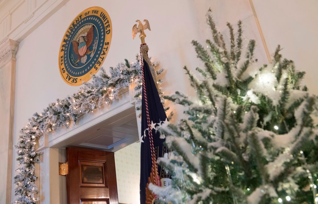 Christmas trees are seen during a preview of holiday decorations in White House