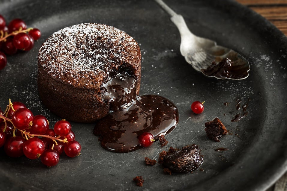 Warm chocolate lava cake sprinkled with powdered sugar