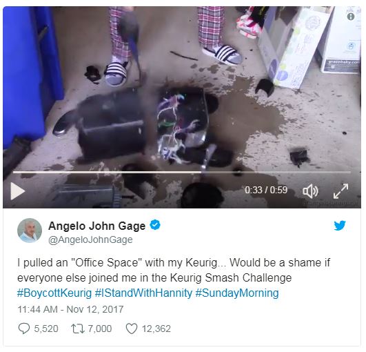 a screenshot of a man smashing a keurig on twitter a screenshot of a man smashing a keurig on twitter