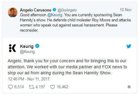 a tweet by keurig about Sean Hannity's Roy Moore comments a tweet by keurig about Sean Hannity's Roy Moore comments
