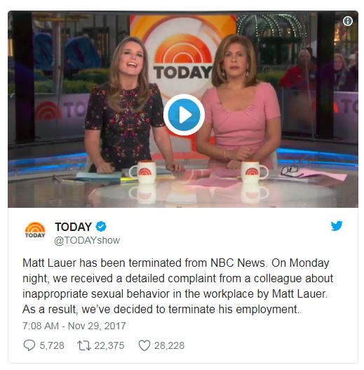 a tweet showing the Today show hosts announcing lauer's departure