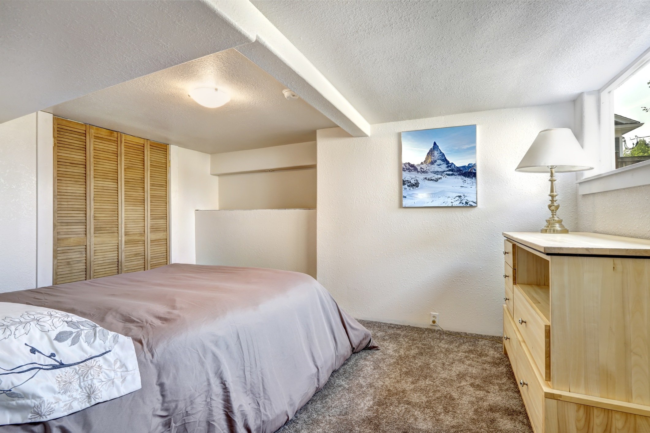 Bedroom with low ceilings and carper