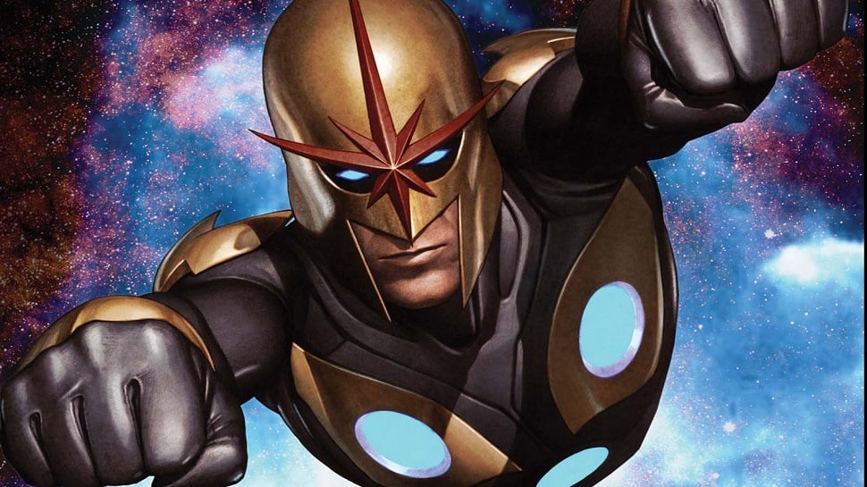 Nova flies in space in a Marvel comic Nova flies in space in a Marvel comic
