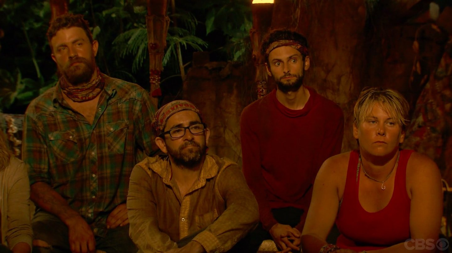 The Survivor contestants react to the votes being read. The Survivor contestants react to the votes being read.