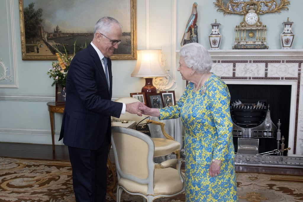Britain's Queen Elizabeth II shakes hands with Australian Prime Minister, Malcolm Turnbull