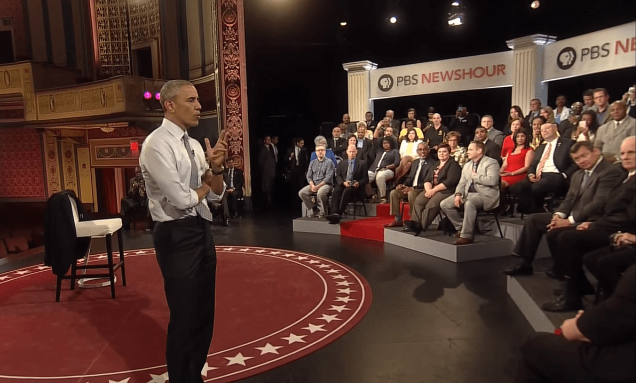 Barack Obama answers a question about gun control at town hall