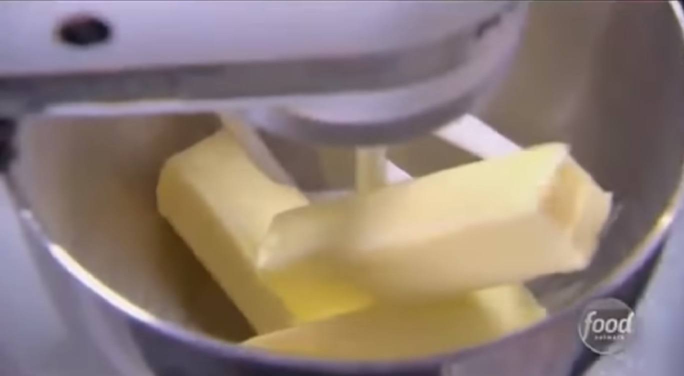 Three sticks of butter in a mixer