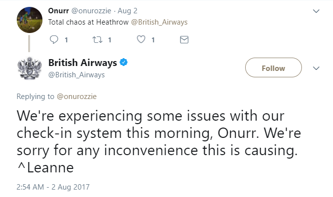 British Airways tweet about delay