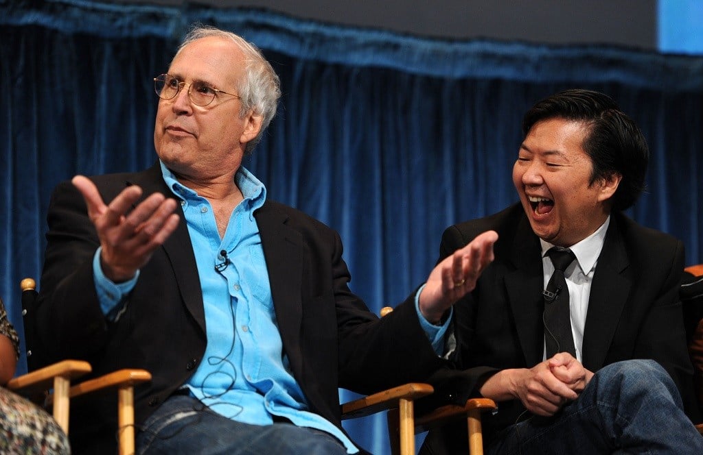 Actor Chevy Chase and Ken Jeong on stage at a Paley Center For Media's Paleyfest event.