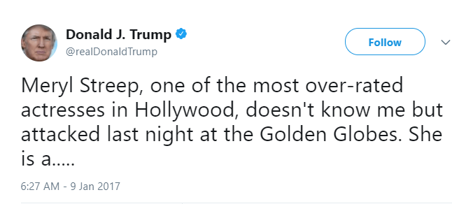 Donald Trump calls Meryl Streep overrated in a Tweet