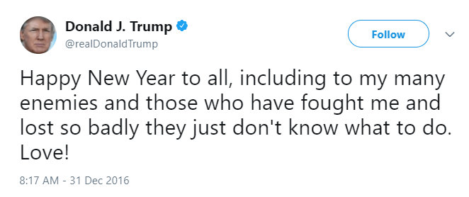 Donald Trump tweets condescending message to his enemies on New Years