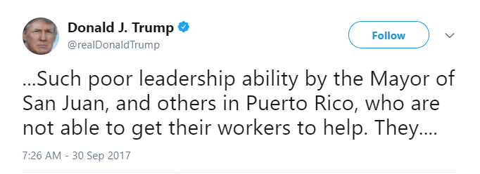 Donald Trump Tweet criticizing Puerto Rico