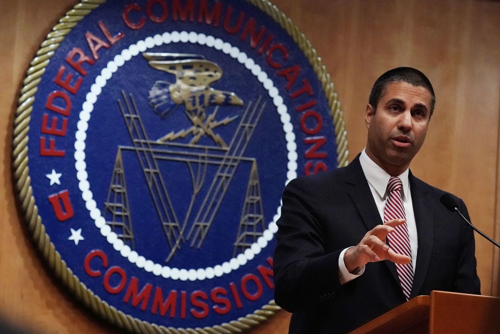 Federal Communications Commission Chairman Ajit Pai speaks to members of the media after a commission meeting