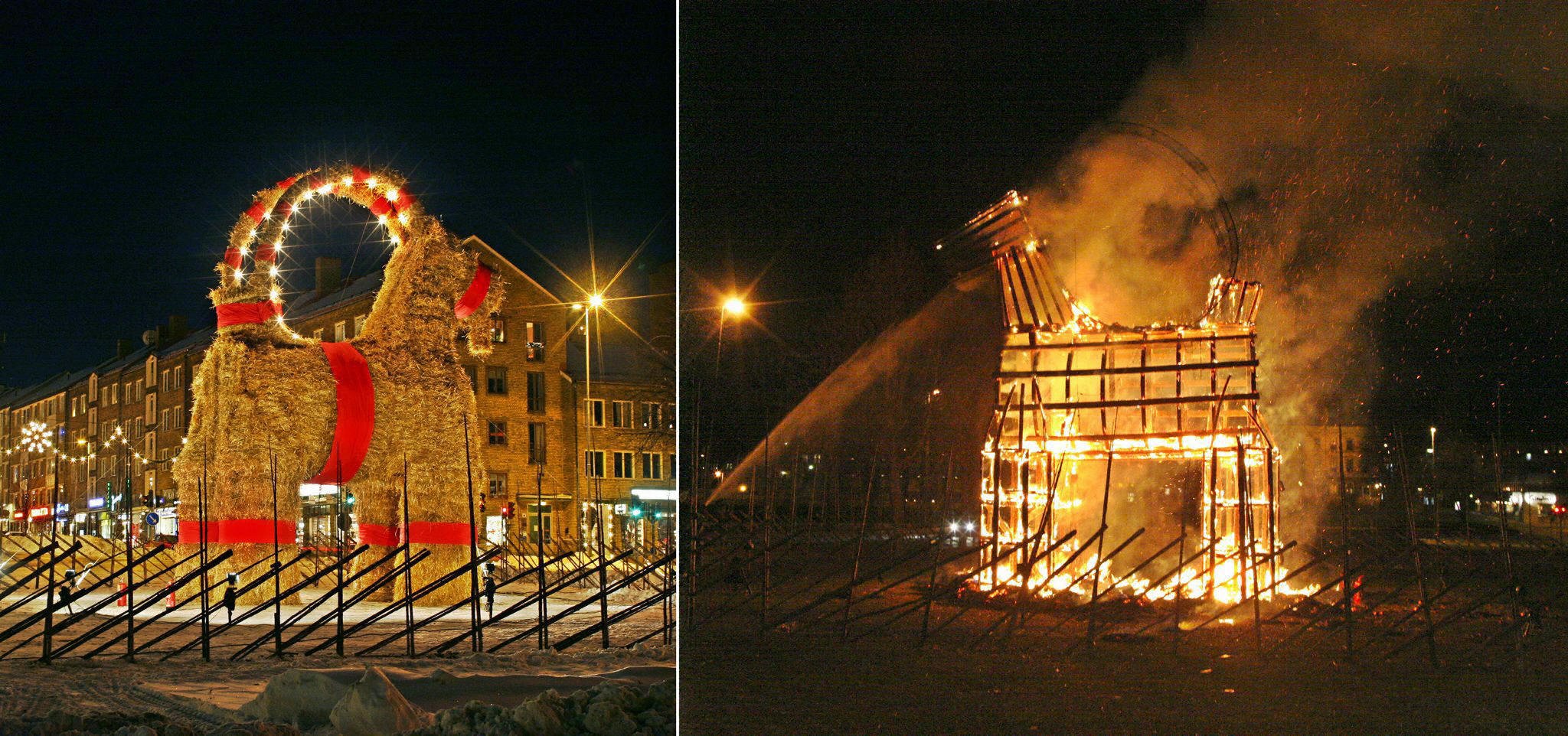 the Christmas goat before and after it got torched in Sweden the Christmas goat before and after it got torched in Sweden