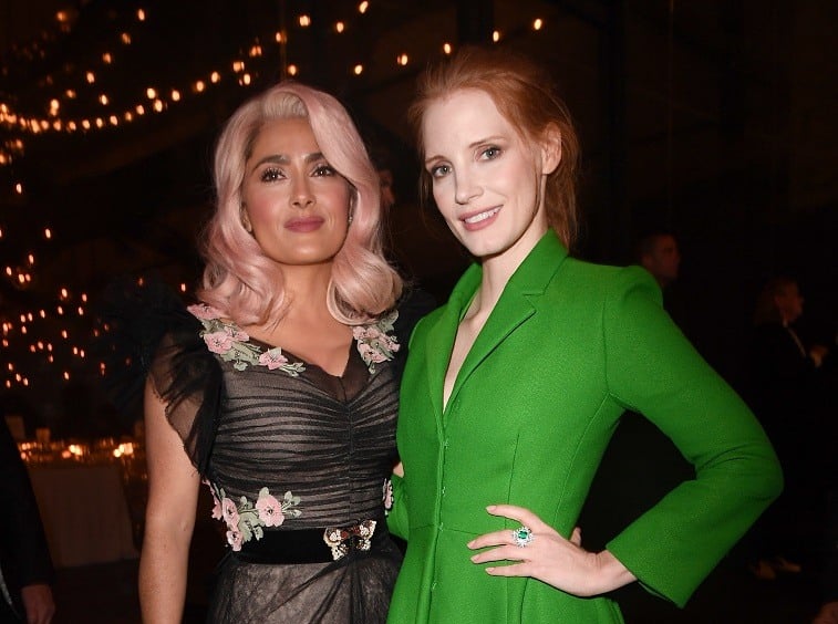 Salma Hayek (L) and Jessica Chastain attend the Women in Motion Awards Dinner at the 70th Cannes Film Festival at Place de la Castre on May 21, 2017 in Cannes, France. Salma Hayek (L) and Jessica Chastain attend the Women in Motion Awards Dinner at the 70th Cannes Film Festival at Place de la Castre on May 21, 2017 in Cannes, France.