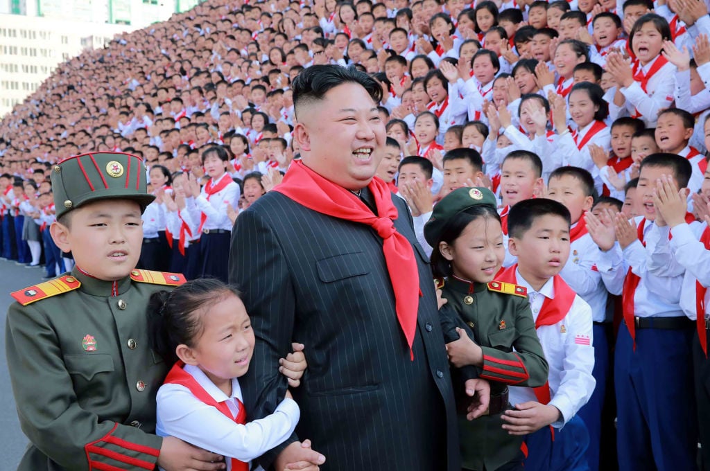 North Korean leader Kim Jong Un at a photo session with the participants in the 8th Congress of the Korean Children's Union in Pyongyang