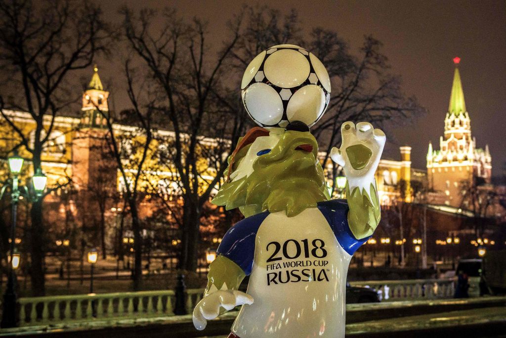 Zabivaka, the official mascot for the 2018 FIFA World Cup, at Manezhnaya Square in downtown Moscow