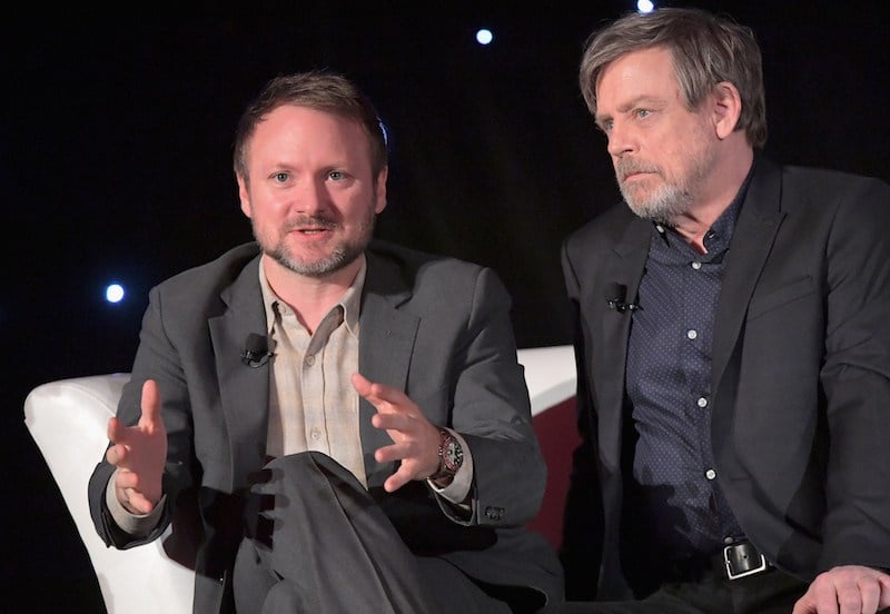 Director Rian Johnson (L) and actor Mark Hamill attend the press conference for the highly anticipated Star Wars: The Last Jedi