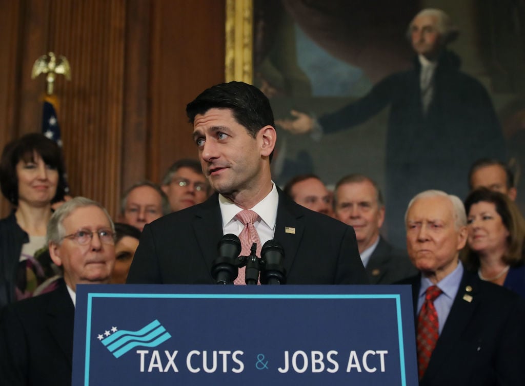 U.S. House Speaker Paul Ryan speaks during an enrollment ceremony for the conference report