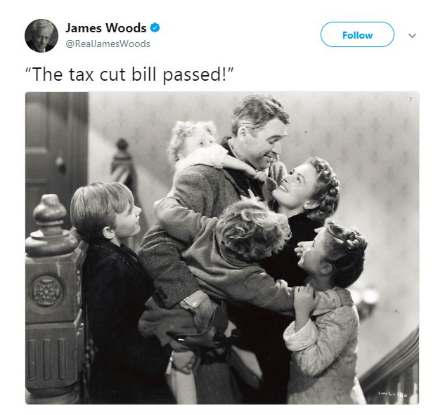 Actor James Woods isn't afraid to share his approval of the tax bill. Actor James Woods isn't afraid to share his approval of the tax bill.