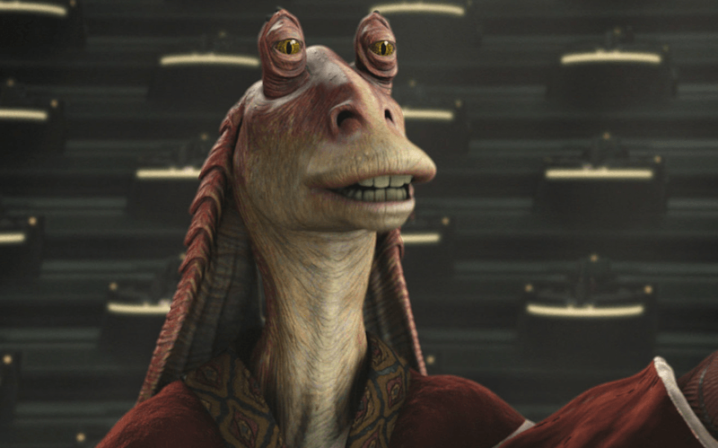 Jar Jar Binks standing and looking at something in front of him