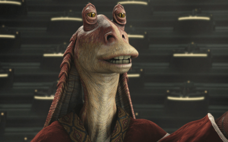 Jar Jar Binks standing and looking at something in front of him Jar Jar Binks standing and looking at something in front of him