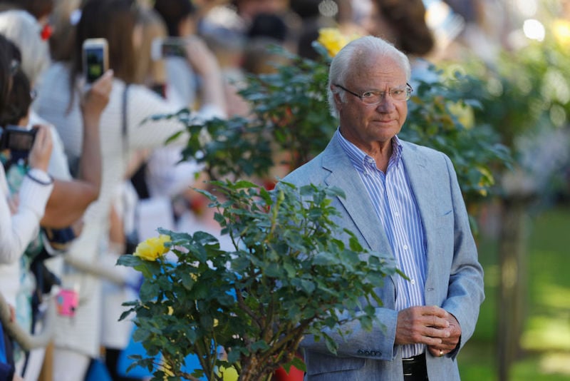 King Carl Gustaf of Sweden stands in front of a bush. King Carl Gustaf of Sweden stands in front of a bush.