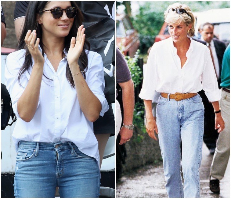 Collage featuring Meghan Markle and Princess Diana's fashion. 