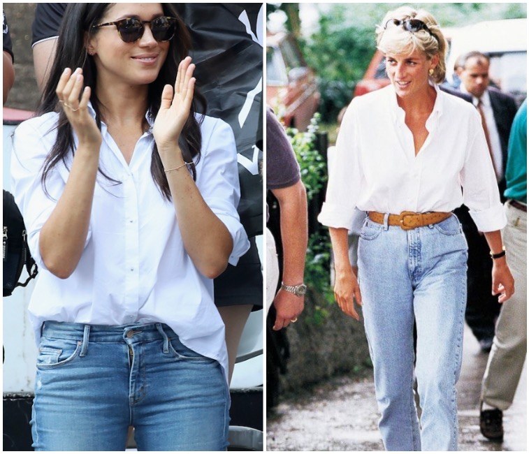 Collage featuring Meghan Markle and Princess Diana's fashion. Collage featuring Meghan Markle and Princess Diana's fashion.