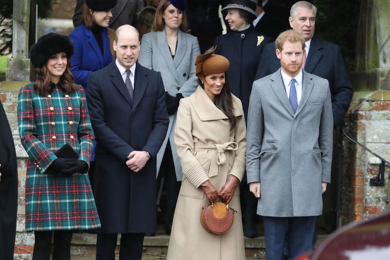 Left to right: Kate Middleton, Prince William, Meghan Markle, and Prince Harry on Christmas Day 2017.