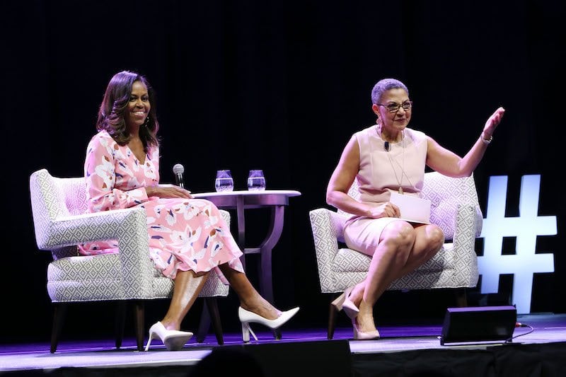 Former First Lady Michelle Obama speaks, emphasizing that women must celebrate their strength, during a live conversation with The Women's Foundation of Colorado President and CEO Lauren Y. Casteel at Pepsi Center on July 25, 2017 in Denver, Colorado.